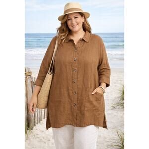 Click USA 100% Linen Loose Boxy 3/4 Sleeve Button down Top Shirt Large 48B 32L